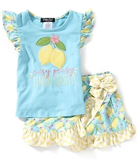 Rare Editions Little Girls Flutter Sleeve Lemon Motif Tunic Top & Lemon Printed Skort Set