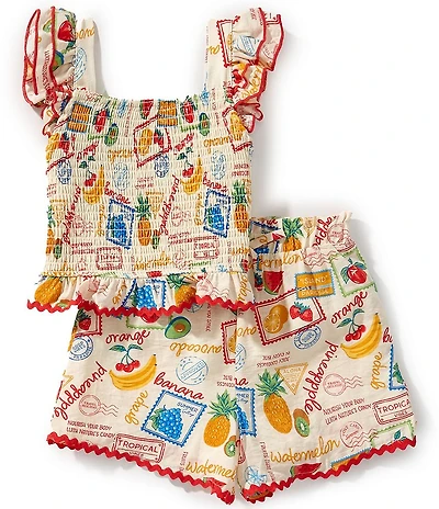 Rare Editions Little Girls Flutter Sleeve Mixed Media Printed Ric Rac Trim Woven Top & Matching Shorts Set