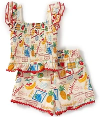 Rare Editions Little Girls Flutter Sleeve Mixed Media Printed Ric Rac Trim Woven Top & Matching Shorts Set