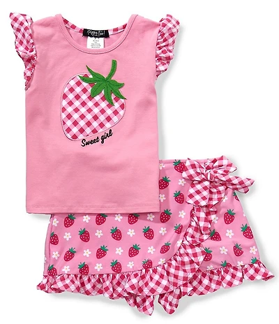 Rare Editions Little Girls Flutter Sleeve Strawberry Appliqued Top & Strawberry Printed Skort Set