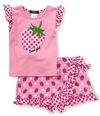 Rare Editions Little Girls Flutter Sleeve Strawberry Appliqued Top & Strawberry Printed Skort Set