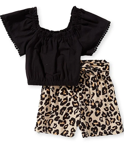 Rare Editions Little Girls Flutter-Sleeve Top & Cheetah-Printed Shorts Set