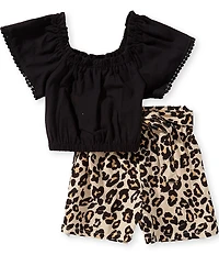 Rare Editions Little Girls Flutter-Sleeve Top & Cheetah-Printed Shorts Set