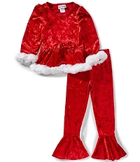 Rare Editions Little Girls Long Sleeve Crushed Velvet/Fur Santa Top and Fit & Flare Pants Set