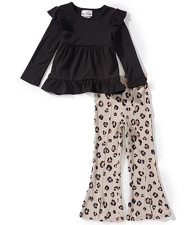Rare Editions Little Girls Long Sleeve Ruffle Trim Tunic Top & Leopard Print Pants Set