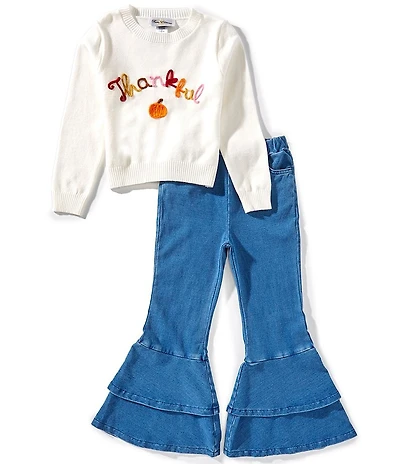 Rare Editions Little Girls Long-Sleeve Thankful Sweater & Ruffle-Hem Pants Set