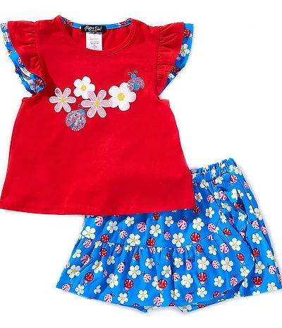 Rare Editions Little Girls Layered Flutter Sleeve Ladybug Flower Applique Top & Ladybug Flowers Print Faux Wrap Skort Set