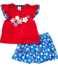 Rare Editions Little Girls Layered Flutter Sleeve Ladybug Flower Applique Top & Ladybug Flowers Print Faux Wrap Skort Set