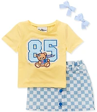 Rare Editions Little Girls Short-Sleeve Bear Applique Knit Top & Woven Checked Skort Set