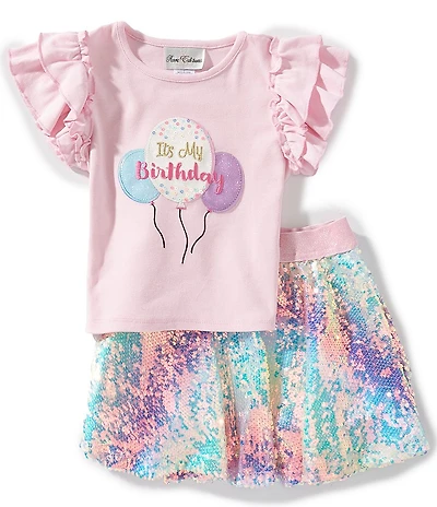 Rare Editions Little Girls Short Sleeve Birthday Applique Knit Top & Glitter TuTu Set
