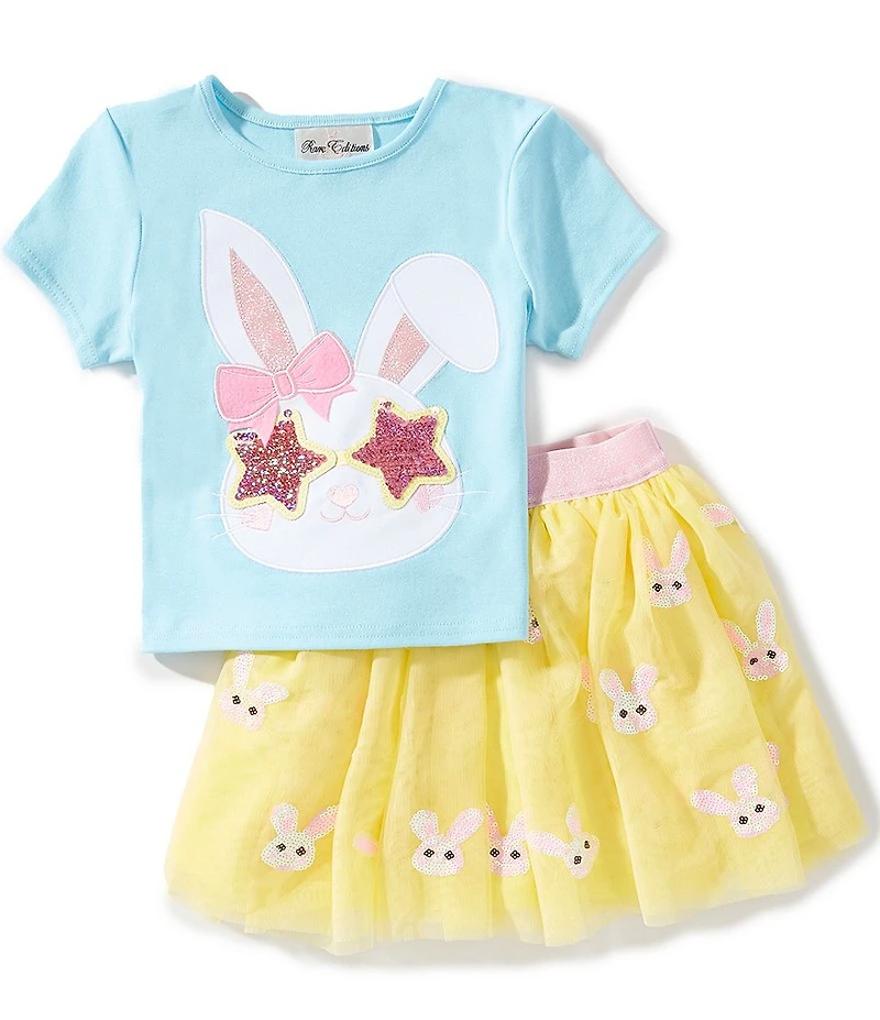 Rare Editions Little Girls Short-Sleeve Bunny-Face-Appliqued Knit-Shirt & Sequin-Embellished Bunny-Face-Patterned Mesh Skirt Set