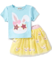 Rare Editions Little Girls Short-Sleeve Bunny-Face-Appliqued Knit-Shirt & Sequin-Embellished Bunny-Face-Patterned Mesh Skirt Set
