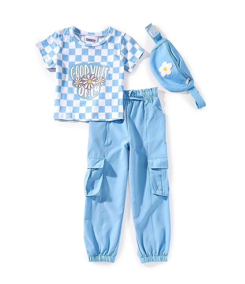 Rare Editions Little Girls Short-Sleeve Checked Good Vibes T-Shirt & Solid Cargo Jogger Pants Set