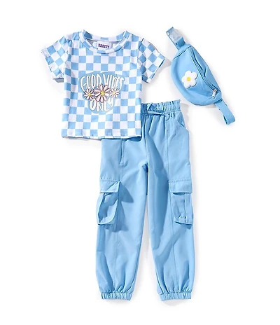 Rare Editions Little Girls Short-Sleeve Checked Good Vibes T-Shirt & Solid Cargo Jogger Pants Set