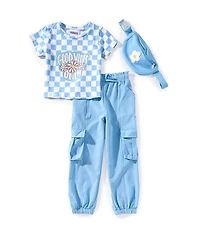 Rare Editions Little Girls Short-Sleeve Checked Good Vibes T-Shirt & Solid Cargo Jogger Pants Set