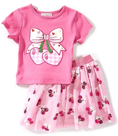 Rare Editions Little Girls Short Sleeve Cherry Heart Applique Top & Cherry TuTu Set