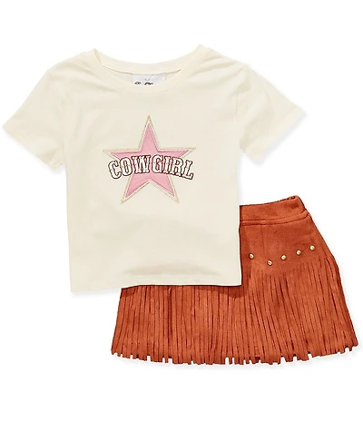 Rare Editions Little Girls Short Sleeve Cowgirl Graphic T-Shirt & Faux Suede Fringe Trim Skirt