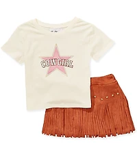 Rare Editions Little Girls Short Sleeve Cowgirl Graphic T-Shirt & Faux Suede Fringe Trim Skirt