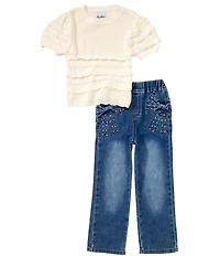 Rare Editions Little Girls Short-Sleeve Crocheted Rib-Knit Top & Bow-Trimmed Jeans Set