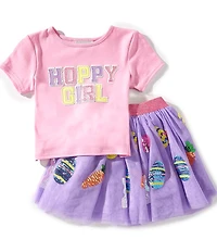 Rare Editions Little Girls Short Sleeve Hoppy Girl Easter T-Shirt & Matching Easter-Themed-Patch-Accented Tutu Skirt Set