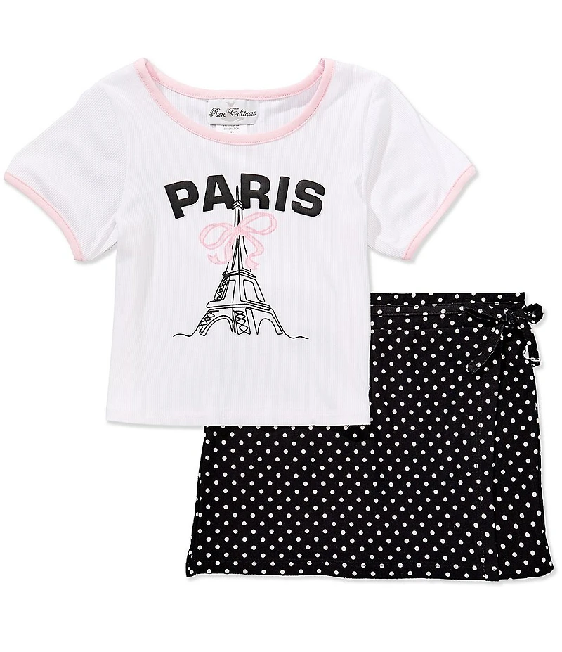 Rare Editions Little Girls Short Sleeve Paris T-Shirt & Dotted Skort Set