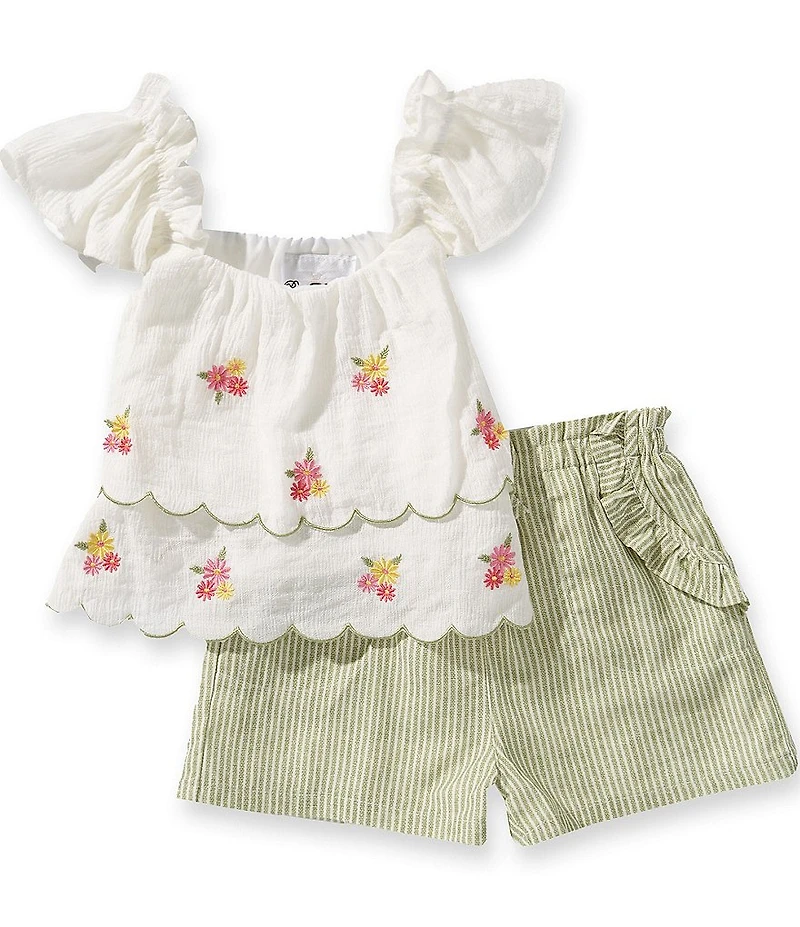 Rare Editions Little Girls Sleeveless Embroidered Scalloped Ruffle Tiered Tank Top & Ruffled Striped Shorts Set