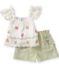 Rare Editions Little Girls Sleeveless Embroidered Scalloped Ruffle Tiered Tank Top & Ruffled Striped Shorts Set