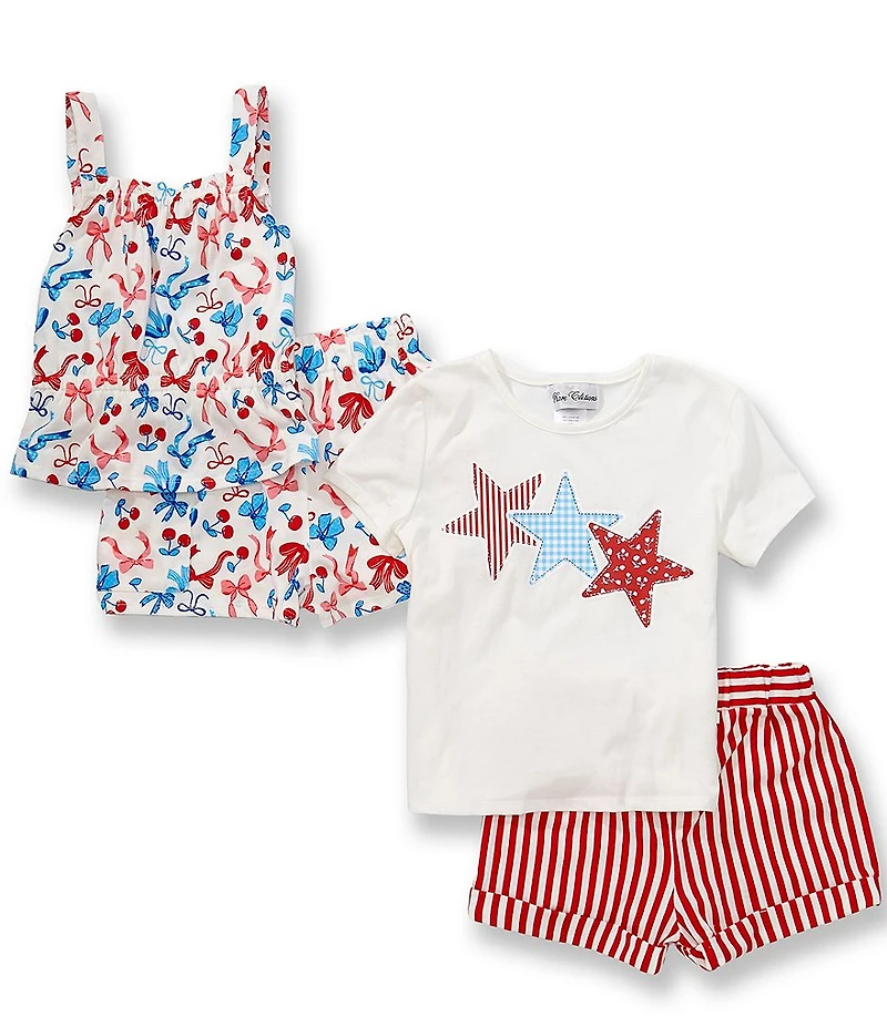 Rare Editions Little Girls Star-Appliqued T-Shirt & Printed Shorts & Sleeveless Printed Tank Top & Striped Shorts Four-Piece Set