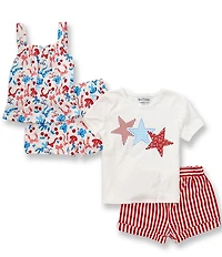 Rare Editions Little Girls Star-Appliqued T-Shirt & Printed Shorts & Sleeveless Printed Tank Top & Striped Shorts Four-Piece Set
