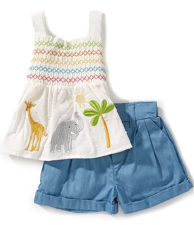 RareRare Editions Baby Girls Sleeveless Clip-Dot/Safari-Animal-Embroidered Tank Top & Solid Pleat-Front Shorts Set