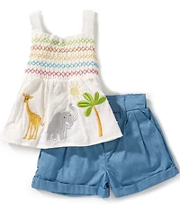 RareRare Editions Baby Girls Sleeveless Clip-Dot/Safari-Animal-Embroidered Tank Top & Solid Pleat-Front Shorts Set