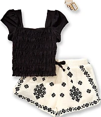 Rarity Big Girls Cap Sleeve Smocked Top & Embroidered Gauze Shorts Set