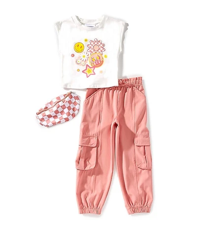 Rare Editions Little Girls Cap-Sleeve Screenprinted T-Shirt & Solid Cargo Jogger Pant Set