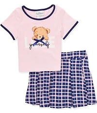 Rare Editions Little Girls Short-Sleeve Bear Graphic T-Shirt & Plaid Skort Set