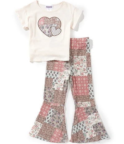 Rarity Little Girls Short-Sleeve Heart-Appliqued Top & Patchwork-Printed Flare-Leg Mesh Pant Set