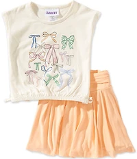 Rarity Little Girls Sleeveless Bow Print Cinched Hem Muscle Tee Top & Solid Fold -Over Skort Set