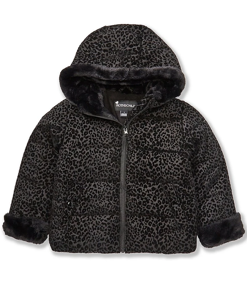 Rothschild Little Girls Flocked Leopard Hooded Puffer Jacket