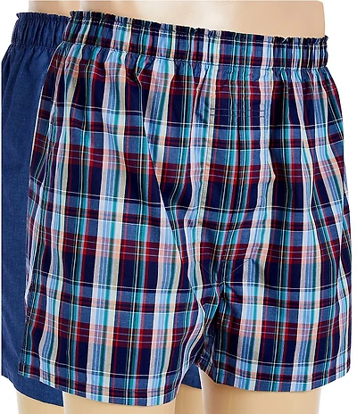 Roundtree & Yorke Plaid & Solid Full Cut Boxer 6#double; Inseam Briefs 2-Pack