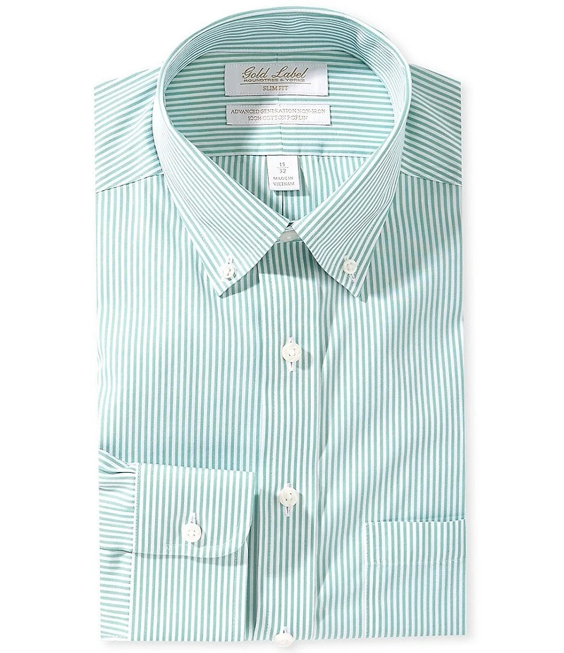 Roundtree & Yorke Gold Label Slim Fit Non-Iron Button Down Collar Striped Poplin Dress Shirt