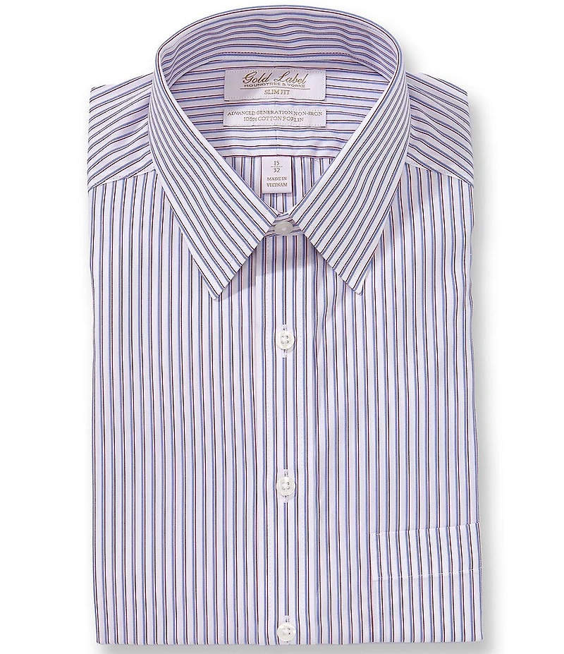 Roundtree & Yorke Gold Label Slim Fit Non-Iron Point Collar Striped Poplin Dress Shirt
