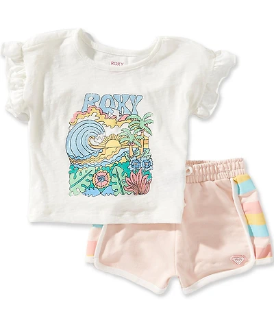 Roxy Baby Girls Lettuce Trimmed Sleeve Logo Graphic T-Shirt & Striped Panel Shorts Set