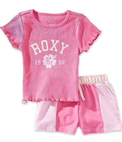 Roxy Baby Girls Short-Sleeve Ribbed Knit Lettuce Edge T-Shirt & Color Block Shorts Set