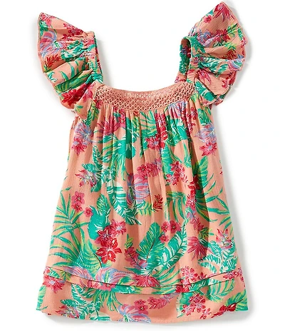 Roxy Big Girls Tropical Floral Printed Crocheted Trimmed Crinkled Crepe Top