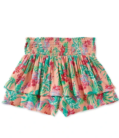 Roxy Big Girls Tropical Floral Printed Smocked Waist Crinkled Crepe Skort