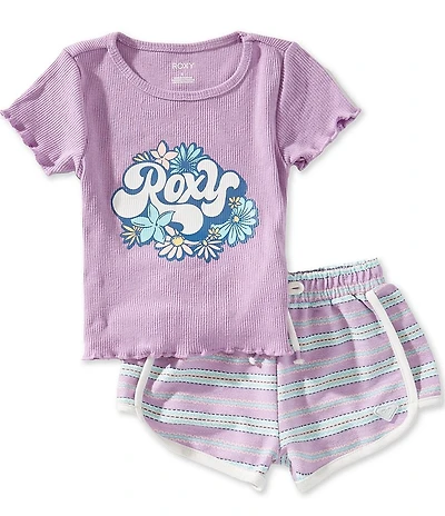 Roxy Little Girls Short-Sleeve Lettuce-Edged Rib-Knit T-Shirt & Striped Shorts Set