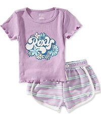 Roxy Little Girls Short-Sleeve Lettuce-Edged Rib-Knit T-Shirt & Striped Shorts Set