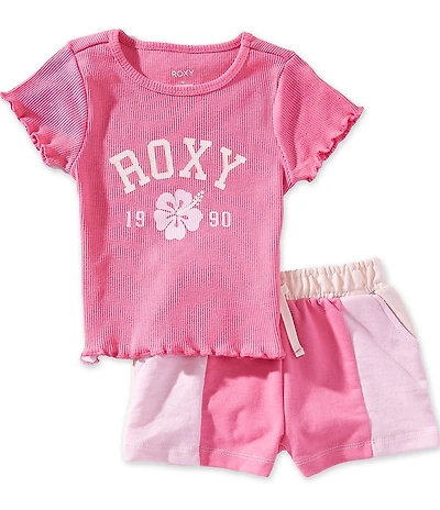 Roxy Little Girls Short-Sleeve Roxy-Logo-Detailed Rib-Knit T-Shirt & Color Block Shorts Set