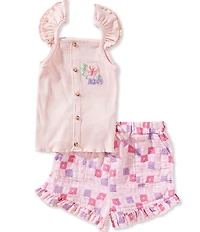 Roxy Little Girls Sleeveless Floral-Motif Tank Top & Checked Shorts Set