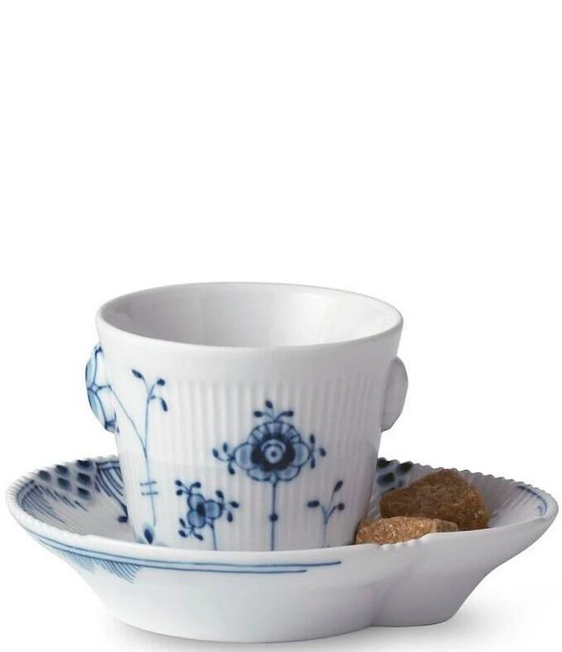 Royal Copenhagen Blue Elements Floral Pattern Geometric Motif Porcelain Espresso Cup and Saucer