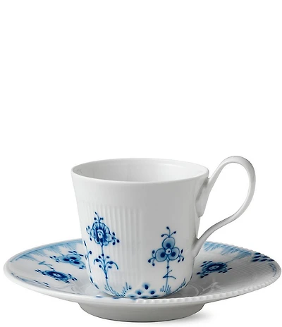 Royal Copenhagen Blue Elements Floral Pattern Geometric Motif Porcelain High Handle Cup & Saucer